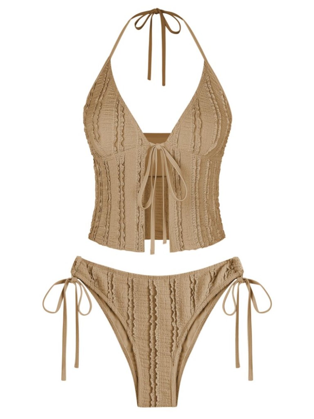 Y2K ZAFUL Brown Textured Smocked Ruffle Tie Front Tankini Set | Cheeky Beach Swi